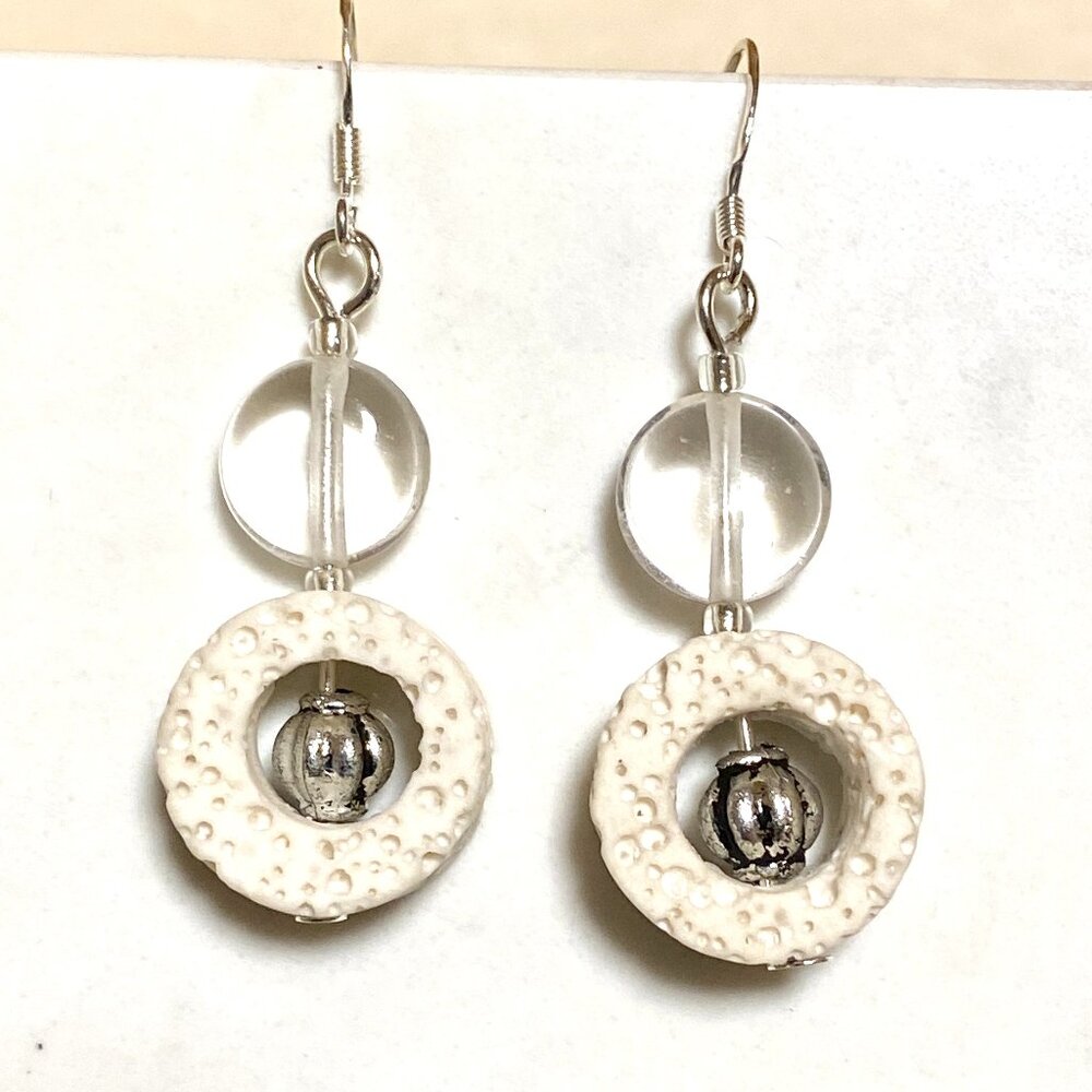 2/$20, Genuine White Lava Stone Clear Quartz Sterling Silver Dangle Earrings